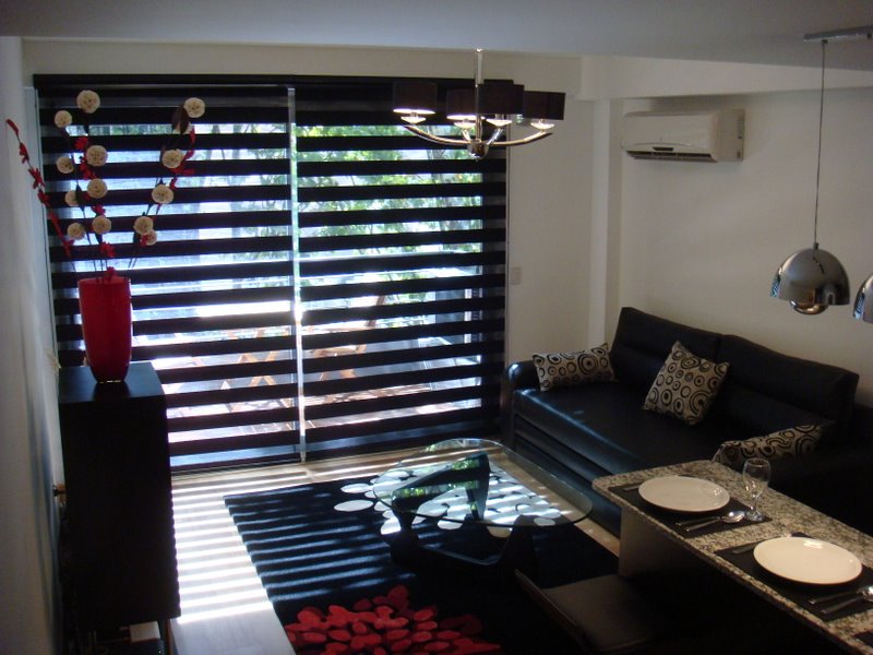Living room with blinds partially closed